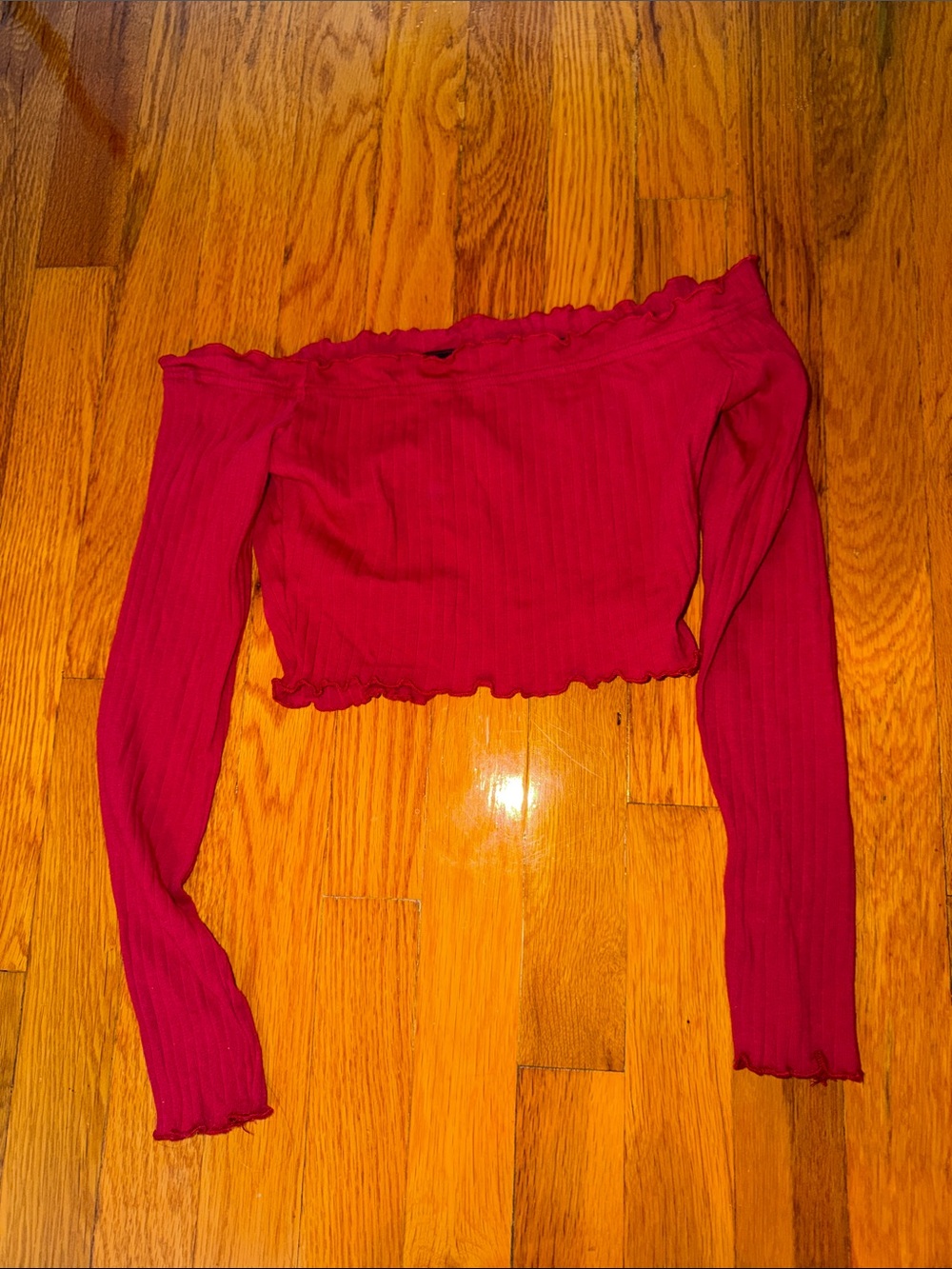 SHEIN Red Ribbed Off-Shoulder Long Sleeve Crop Top